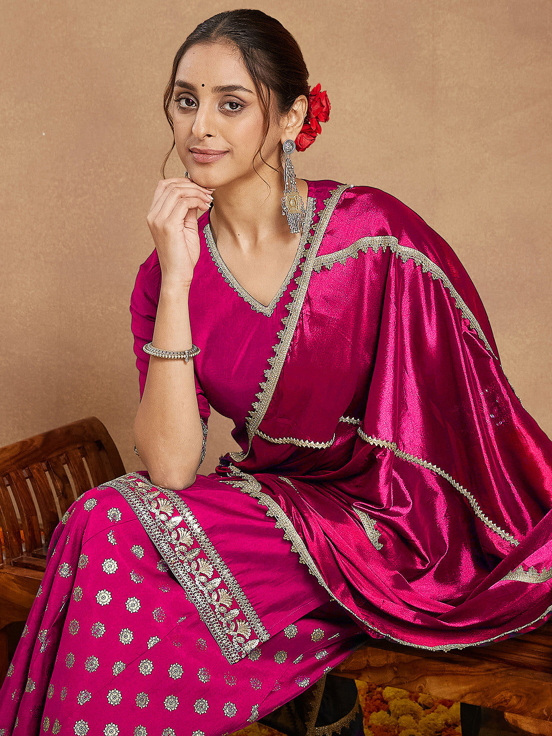 Ninnique Women's Pink Silk Blend Embellished Straight Kurta With Sharara & Dupatta Set