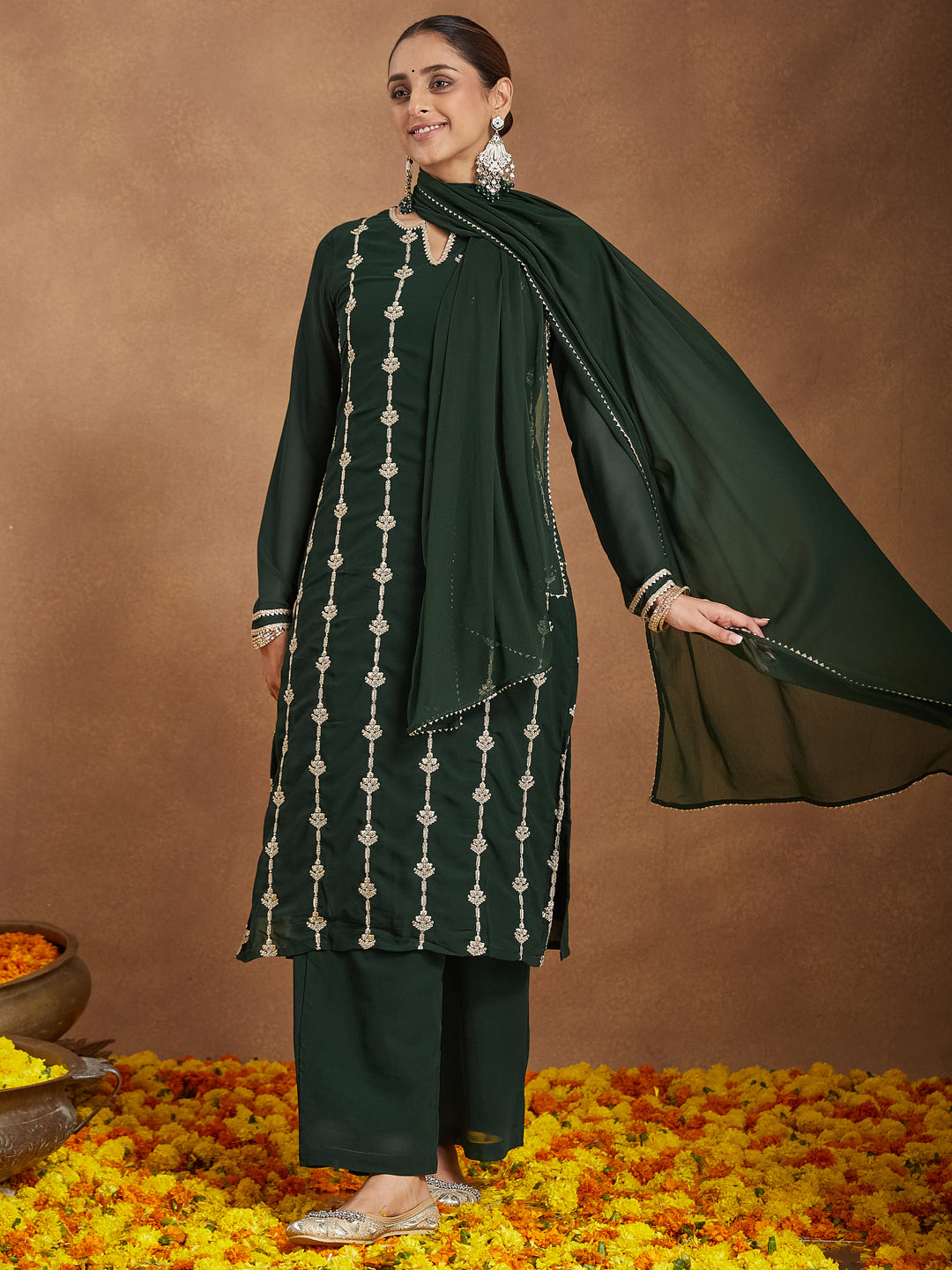 Ninnique Women's Green Georgette Zari Embroidered Straight Kurta With Palazzo & Dupatta Set