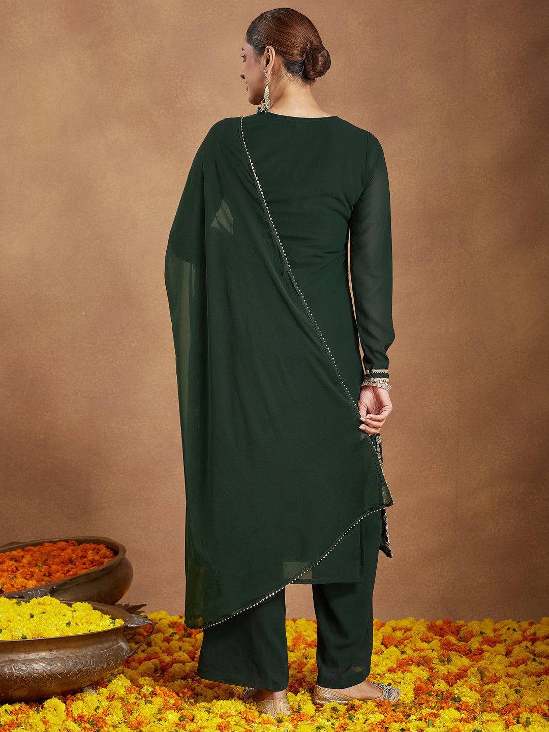 Ninnique Women's Green Georgette Zari Embroidered Straight Kurta With Palazzo & Dupatta Set