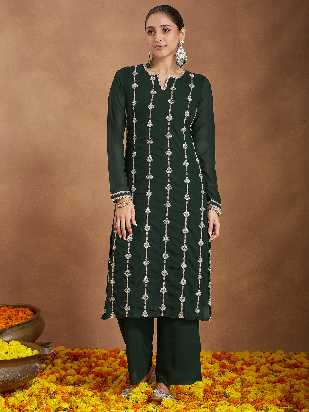 Ninnique Women's Green Georgette Zari Embroidered Straight Kurta With Palazzo & Dupatta Set