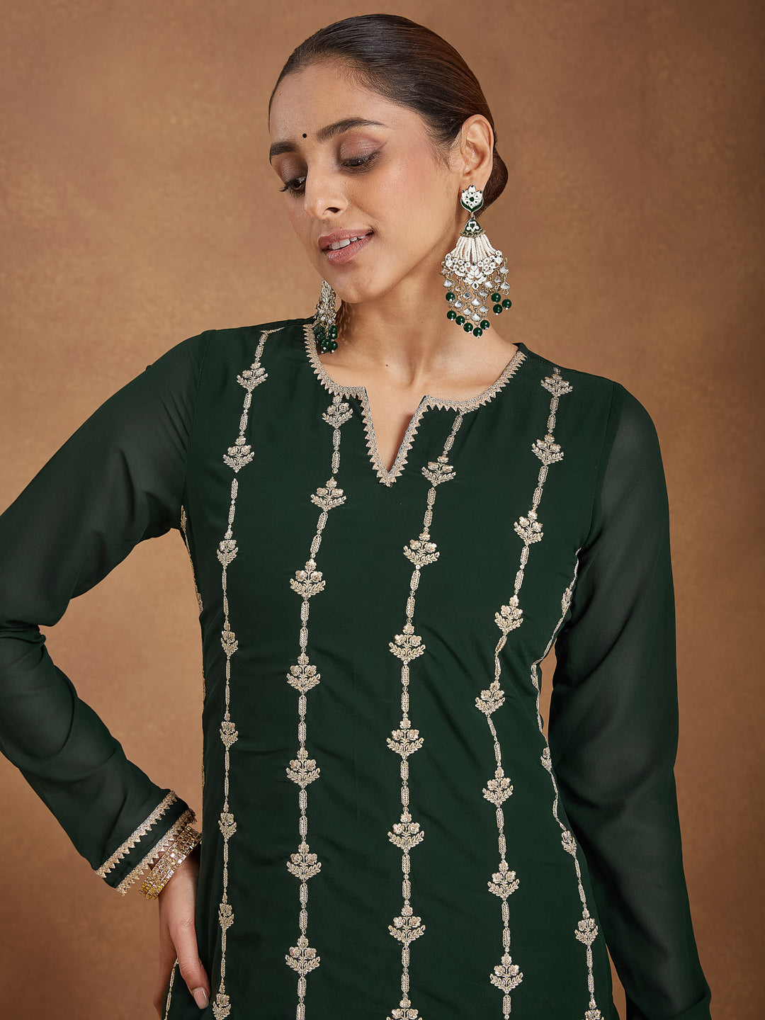 Ninnique Women's Green Georgette Zari Embroidered Straight Kurta With Palazzo & Dupatta Set