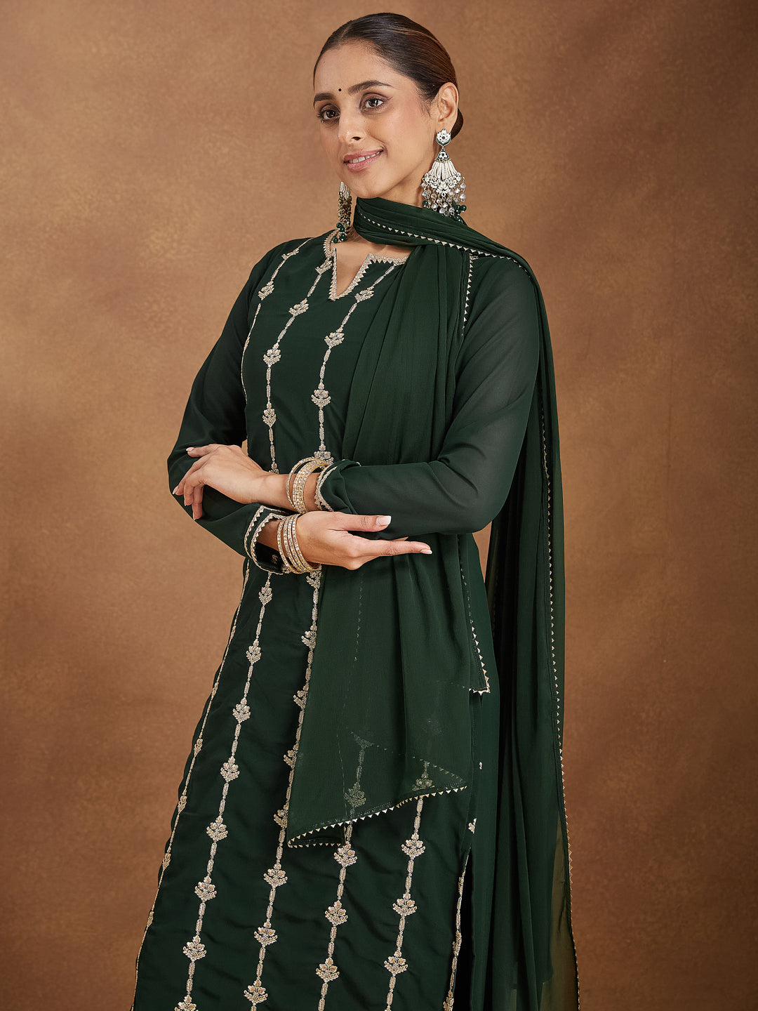 Ninnique Women's Green Georgette Zari Embroidered Straight Kurta With Palazzo & Dupatta Set