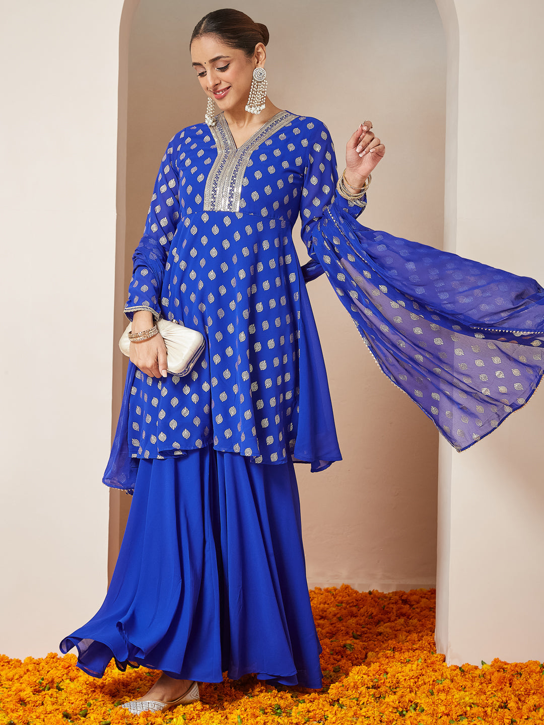 Ninnique Women's Royal Blue Georgette Embellished Gold Printed A-line Kurta With Sharara & Dupatta Set