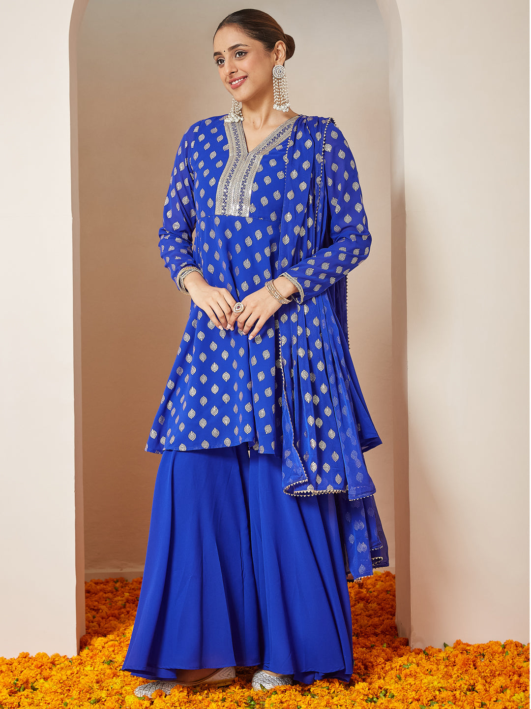 Ninnique Women's Royal Blue Georgette Embellished Gold Printed A-line Kurta With Sharara & Dupatta Set