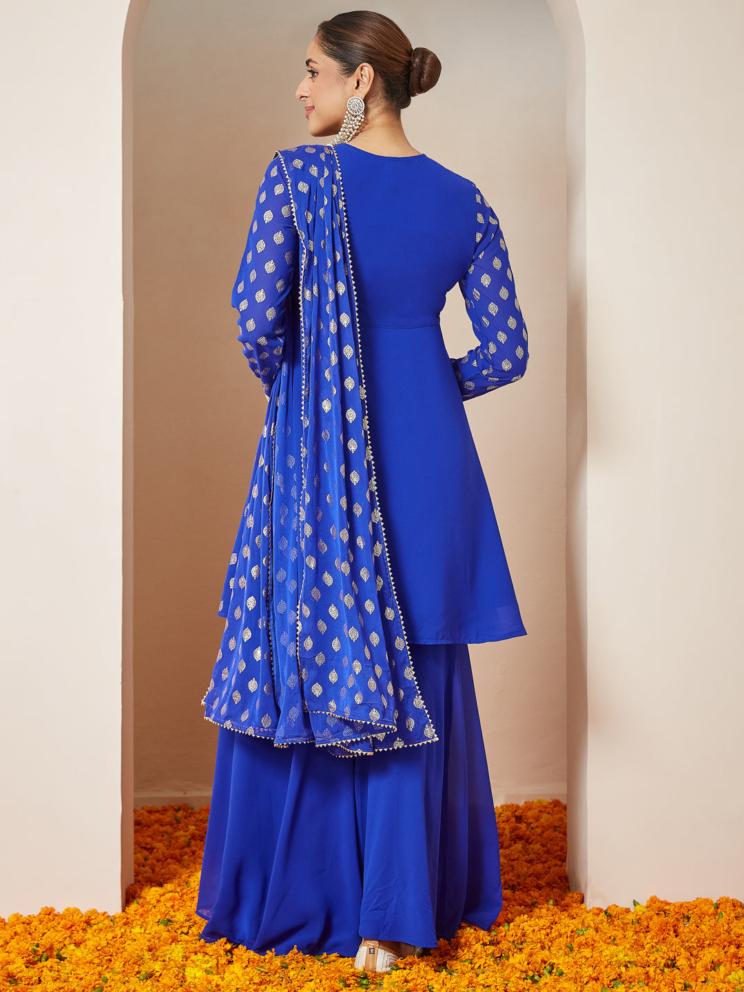 Ninnique Women's Royal Blue Georgette Embellished Gold Printed A-line Kurta With Sharara & Dupatta Set