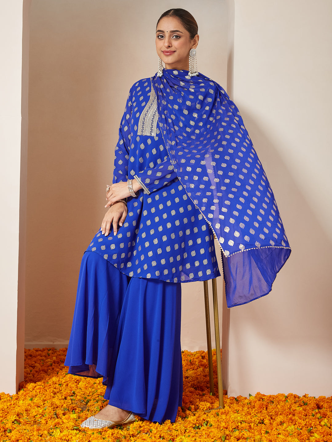 Ninnique Women's Royal Blue Georgette Embellished Gold Printed A-line Kurta With Sharara & Dupatta Set