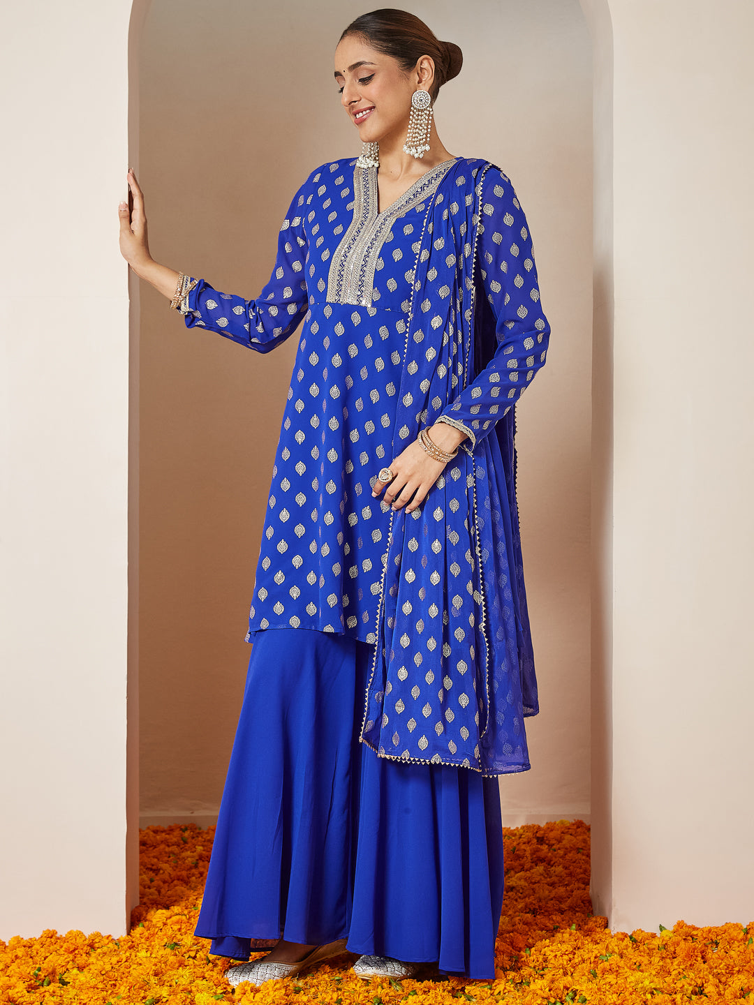 Ninnique Women's Royal Blue Georgette Embellished Gold Printed A-line Kurta With Sharara & Dupatta Set
