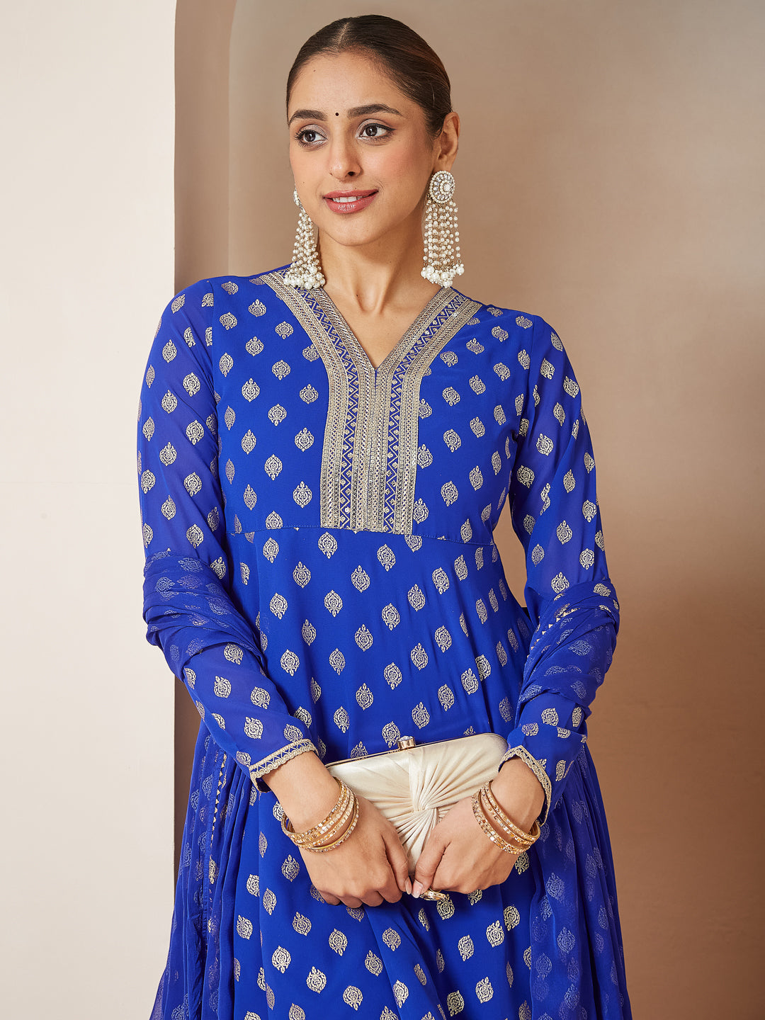 Ninnique Women's Royal Blue Georgette Embellished Gold Printed A-line Kurta With Sharara & Dupatta Set