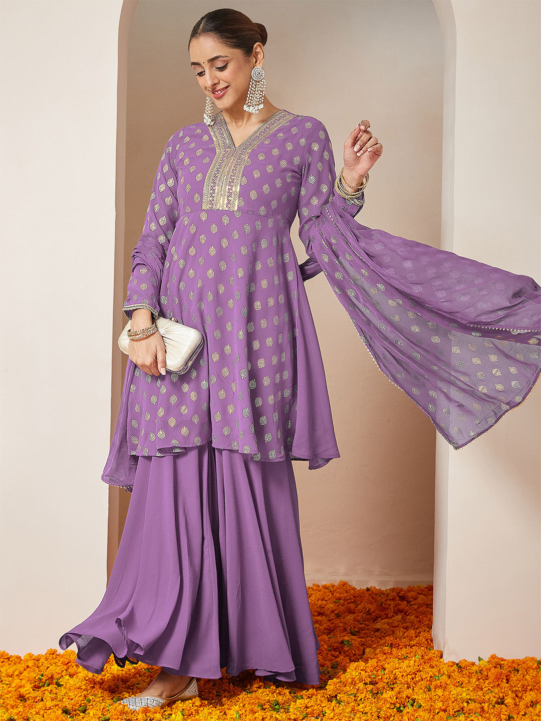 Ninnique Women's Purple Georgette Embellished Gold Printed A-line Kurta With Sharara & Dupatta Set