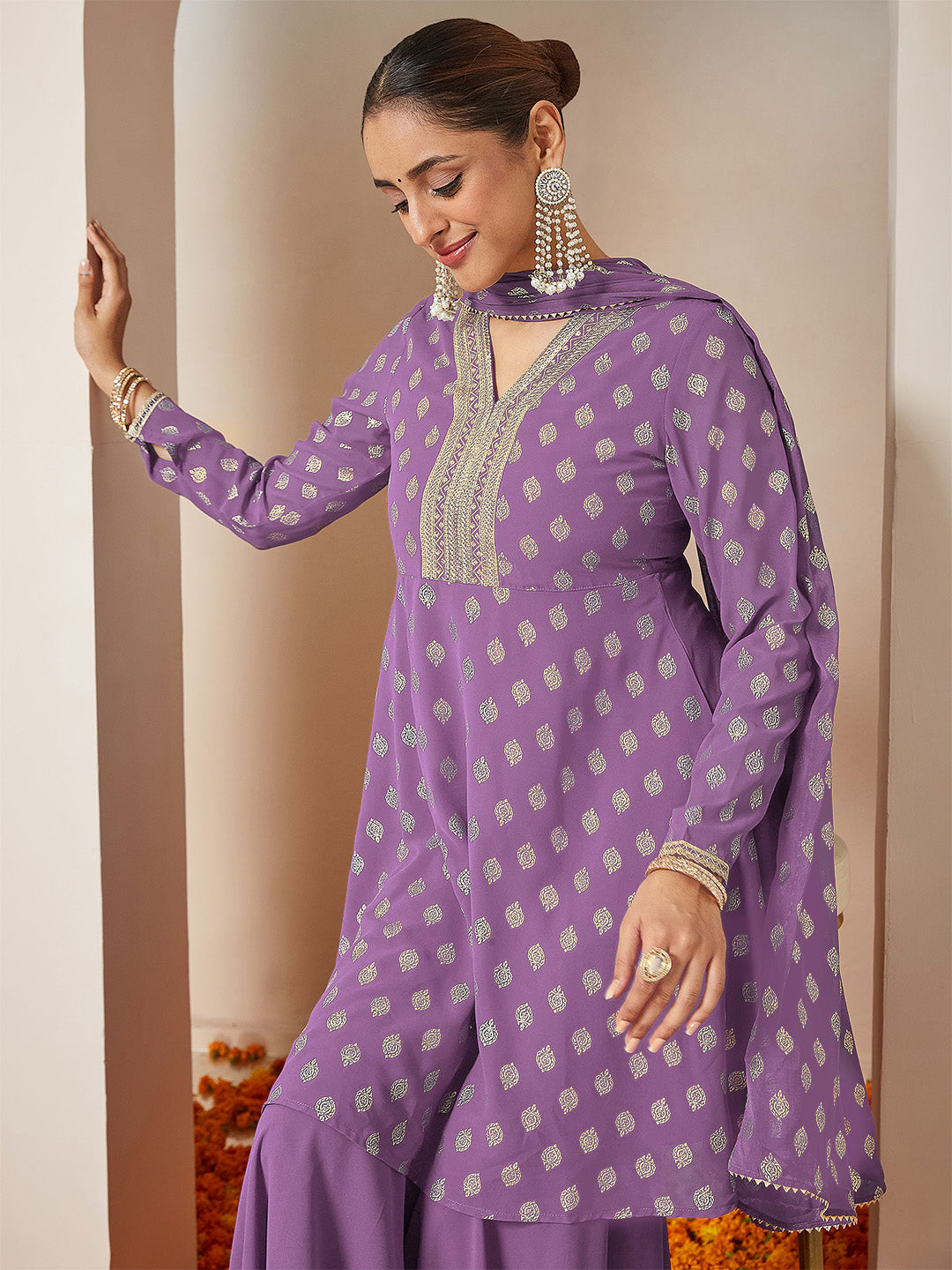 Ninnique Women's Purple Georgette Embellished Gold Printed A-line Kurta With Sharara & Dupatta Set