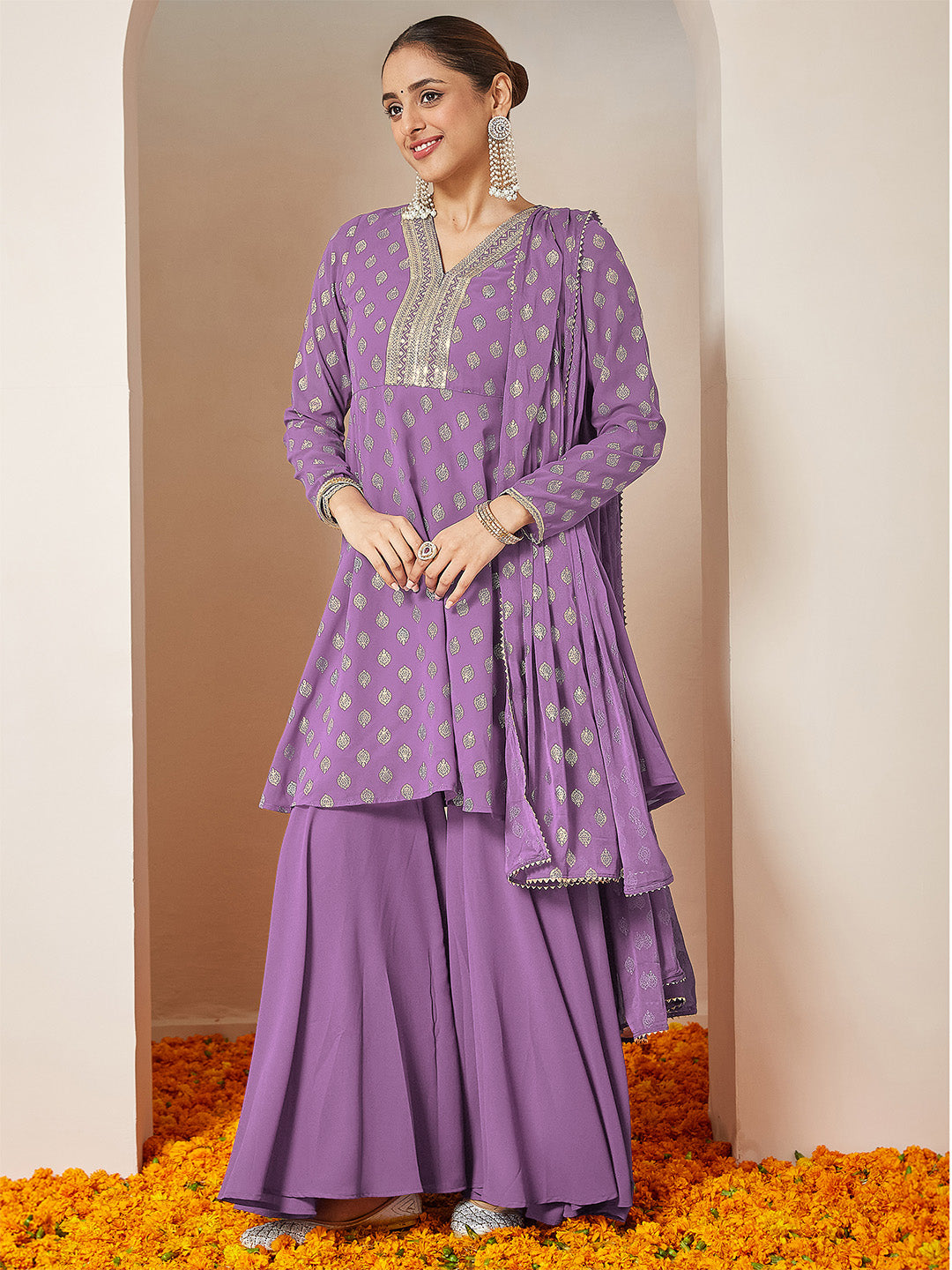 Ninnique Women's Purple Georgette Embellished Gold Printed A-line Kurta With Sharara & Dupatta Set