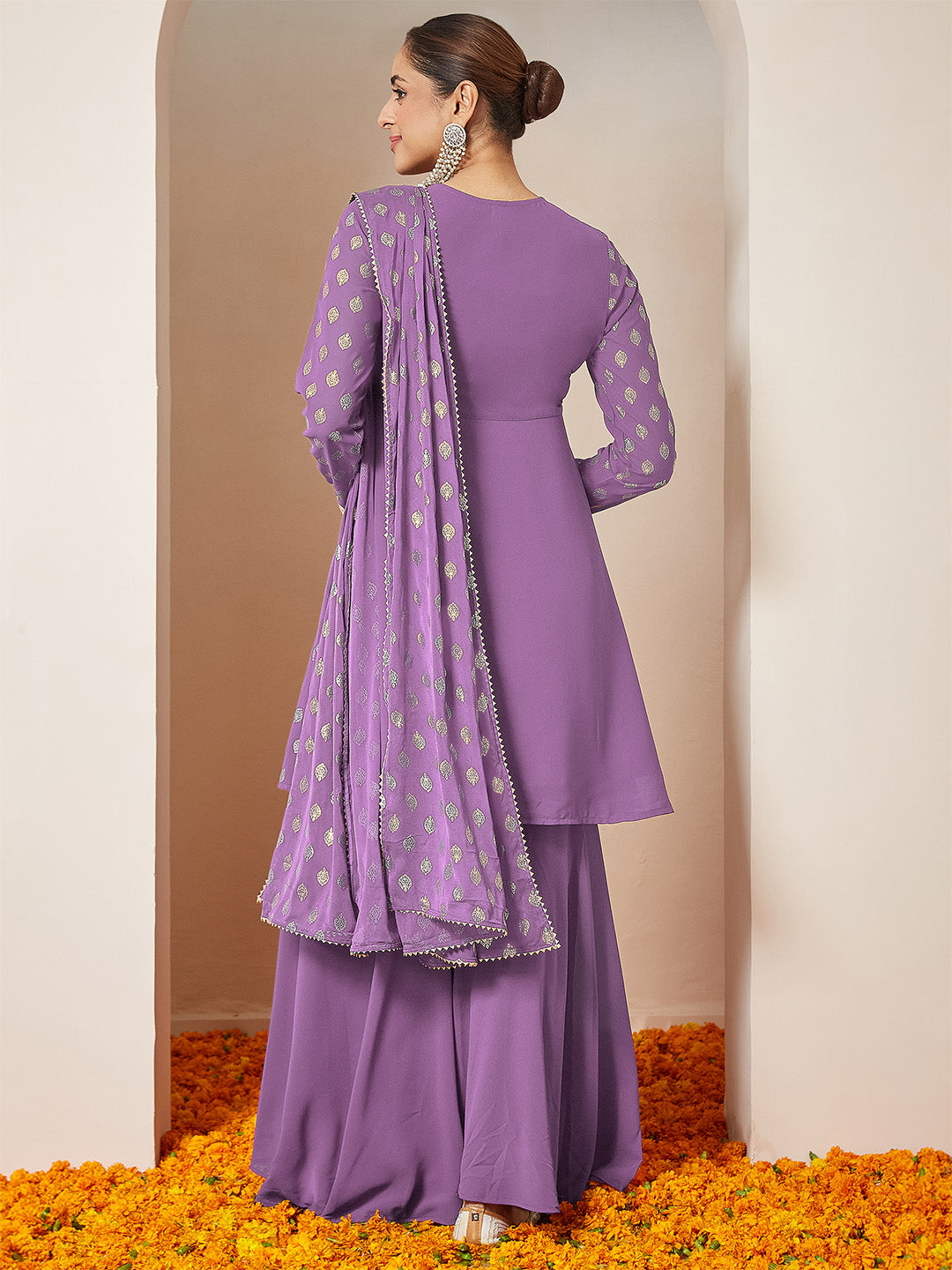 Ninnique Women's Purple Georgette Embellished Gold Printed A-line Kurta With Sharara & Dupatta Set