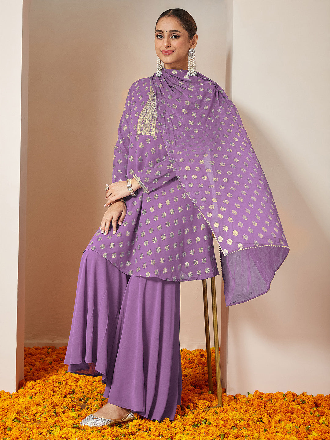 Ninnique Women's Purple Georgette Embellished Gold Printed A-line Kurta With Sharara & Dupatta Set