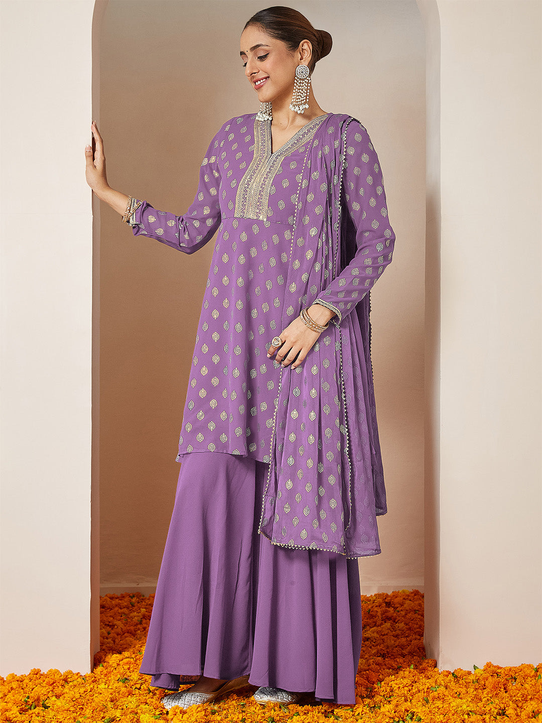 Ninnique Women's Purple Georgette Embellished Gold Printed A-line Kurta With Sharara & Dupatta Set