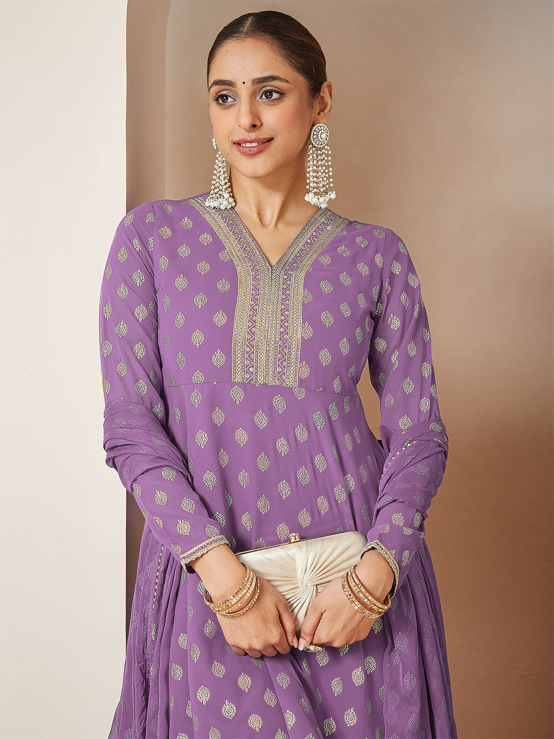 Ninnique Women's Purple Georgette Embellished Gold Printed A-line Kurta With Sharara & Dupatta Set