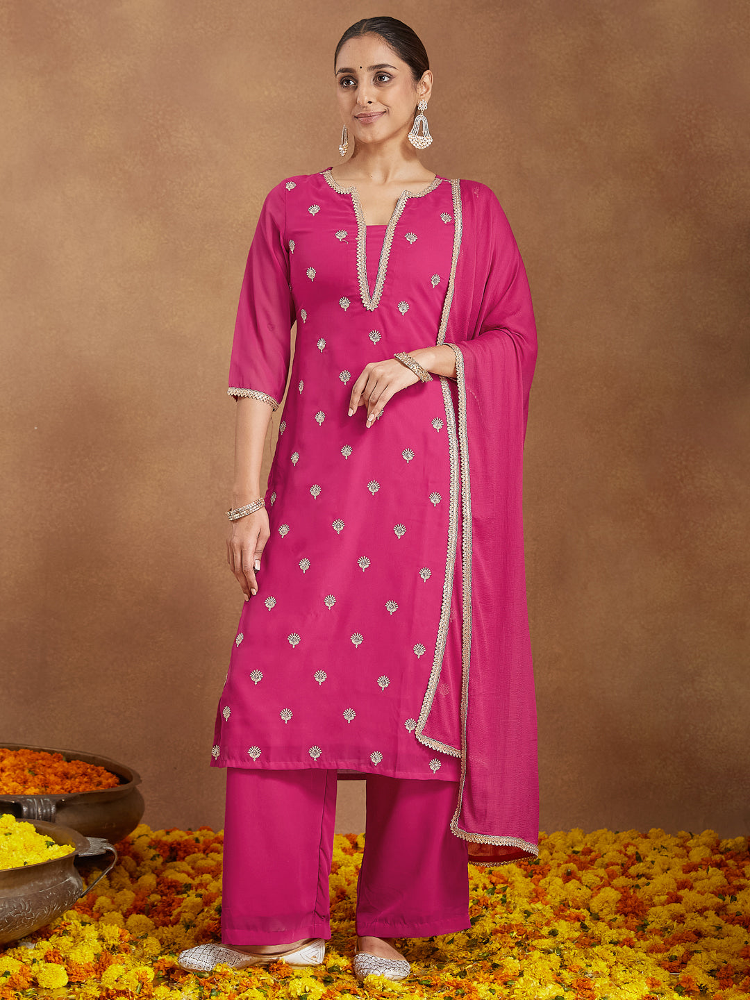 Ninnique Women's Pink Georgette Embellished Straight Kurta With Palazzo Dupatta Set
