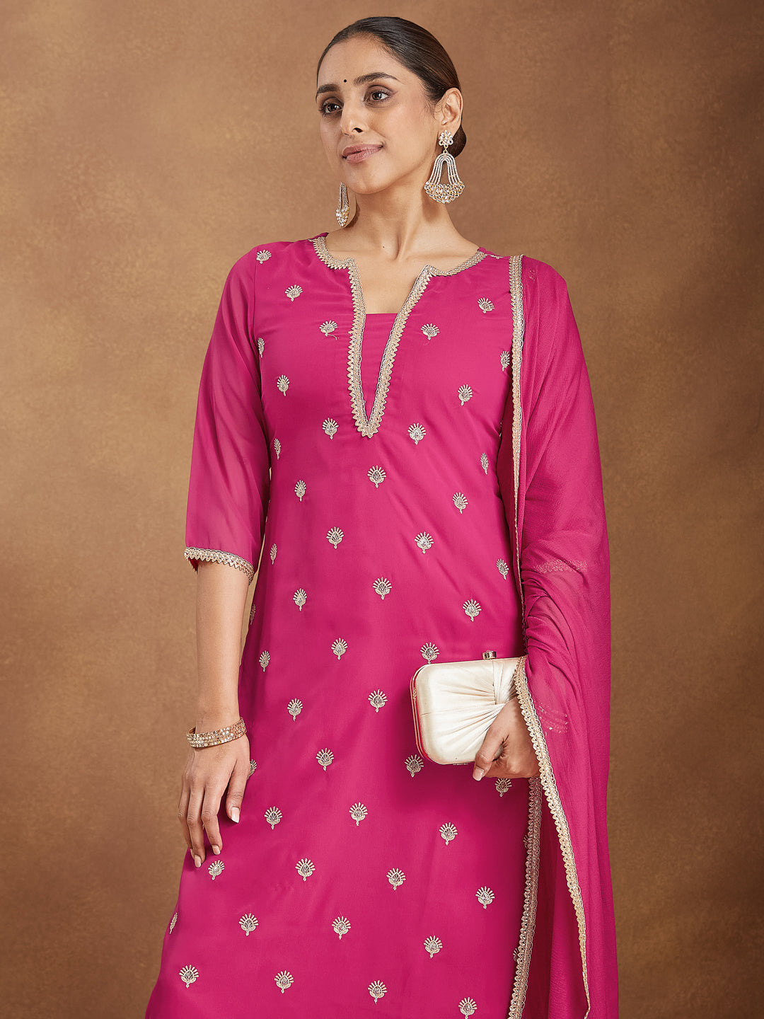 Ninnique Women's Pink Georgette Embellished Straight Kurta With Palazzo Dupatta Set
