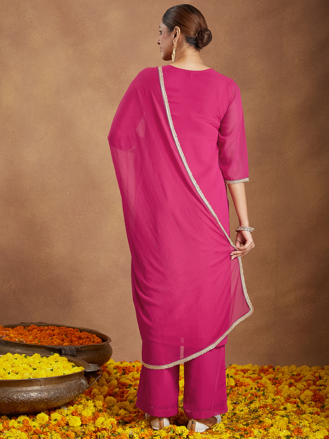 Ninnique Women's Pink Georgette Embellished Straight Kurta With Palazzo Dupatta Set