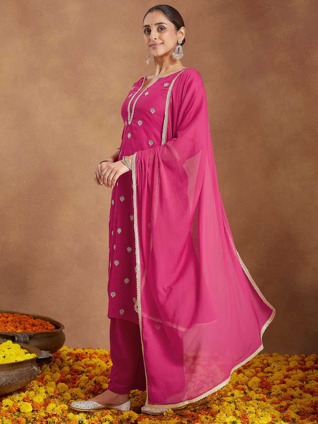 Ninnique Women's Pink Georgette Embellished Straight Kurta With Palazzo Dupatta Set