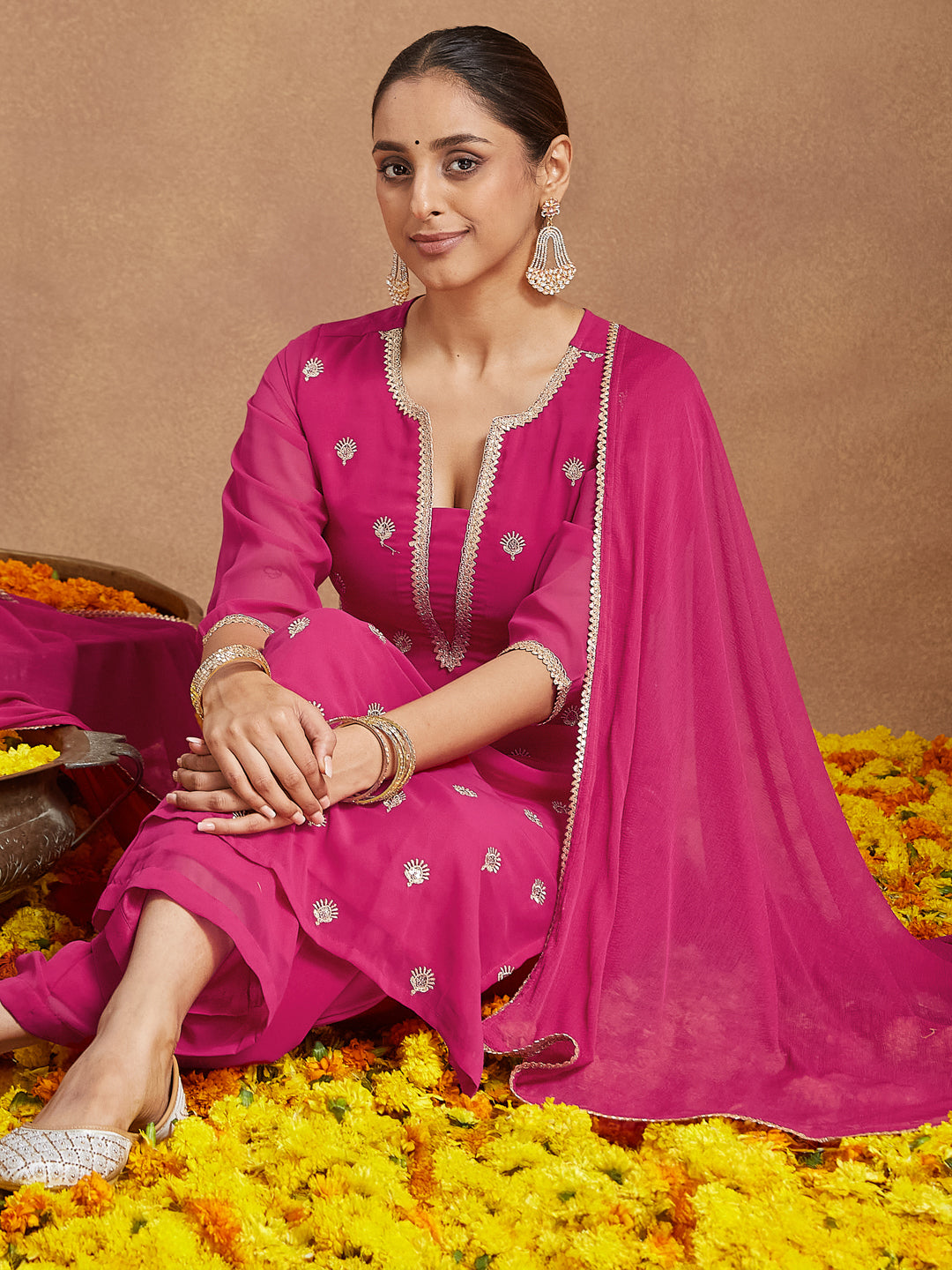 Ninnique Women's Pink Georgette Embellished Straight Kurta With Palazzo Dupatta Set