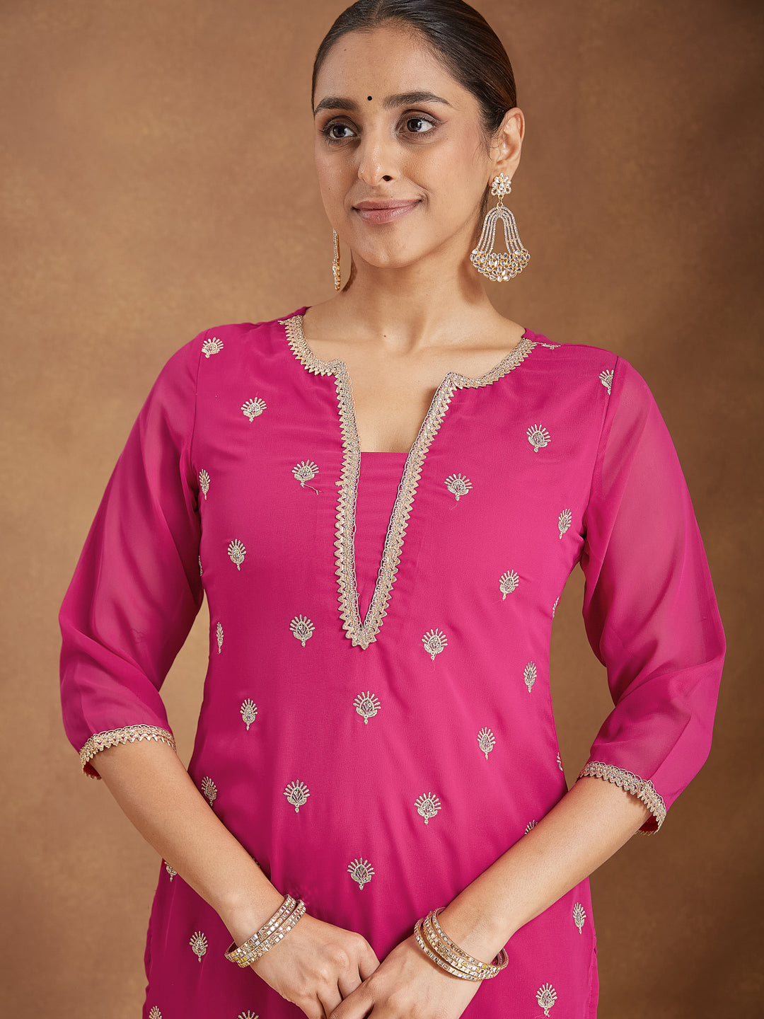 Ninnique Women's Pink Georgette Embellished Straight Kurta With Palazzo Dupatta Set