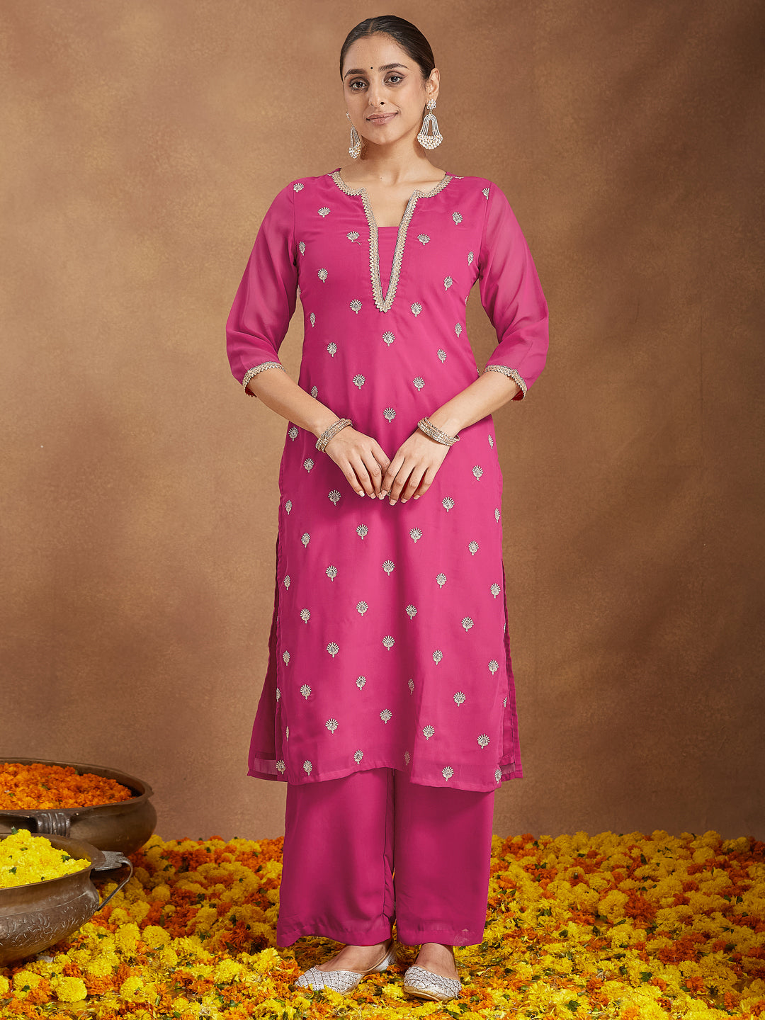 Ninnique Women's Pink Georgette Embellished Straight Kurta With Palazzo Dupatta Set