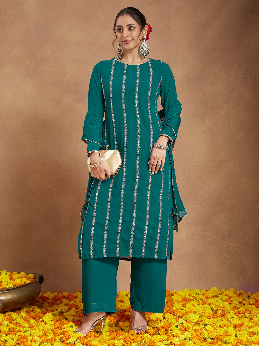 Ninnique Women's Sea Green Georgette Embellished Straight Kurta With Palazzo & Dupatta Set