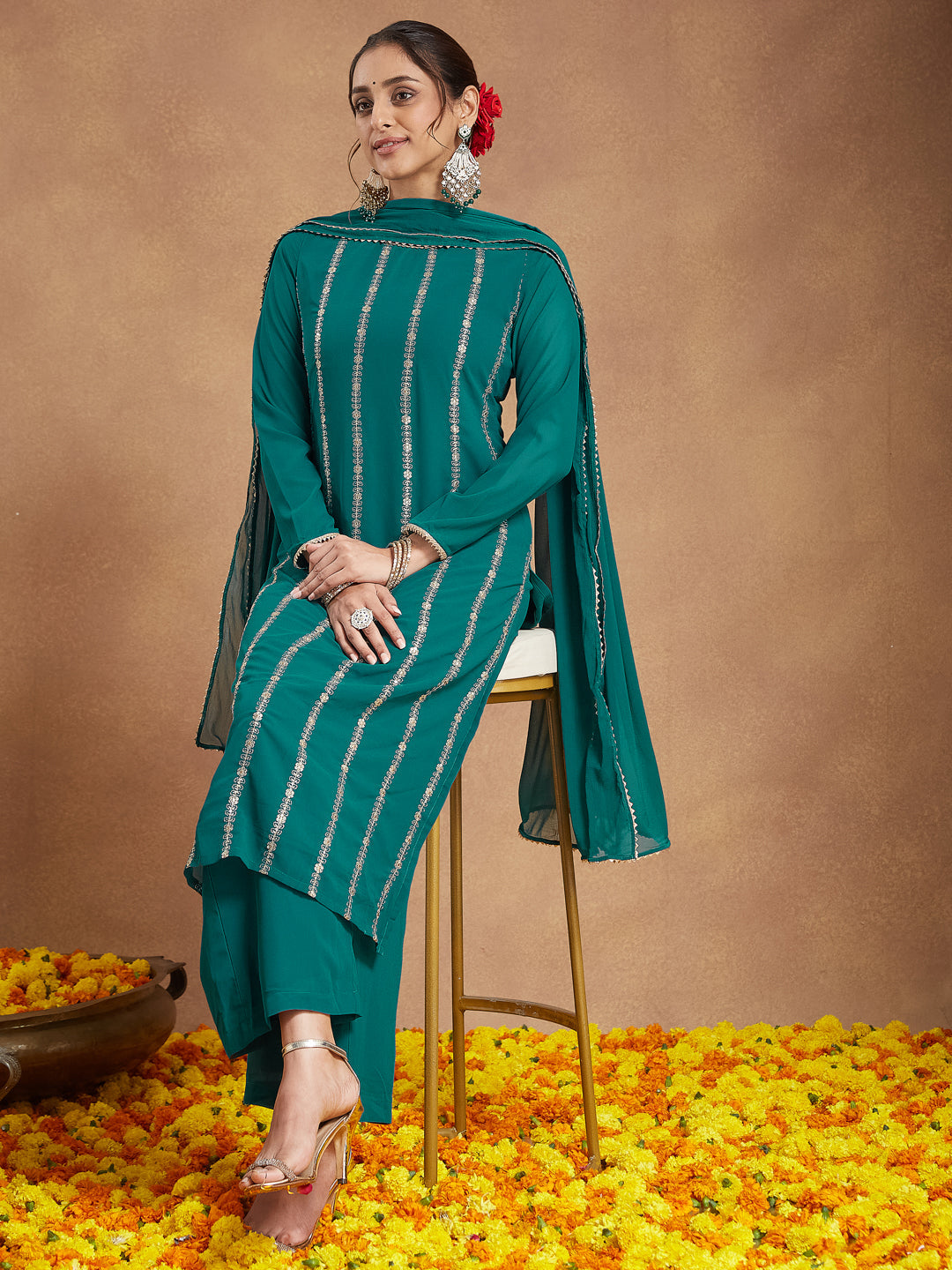 Ninnique Women's Sea Green Georgette Embellished Straight Kurta With Palazzo & Dupatta Set