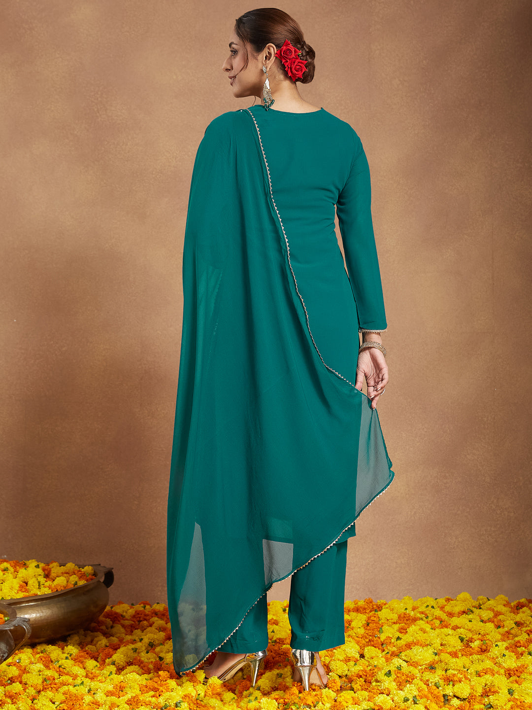 Ninnique Women's Sea Green Georgette Embellished Straight Kurta With Palazzo & Dupatta Set
