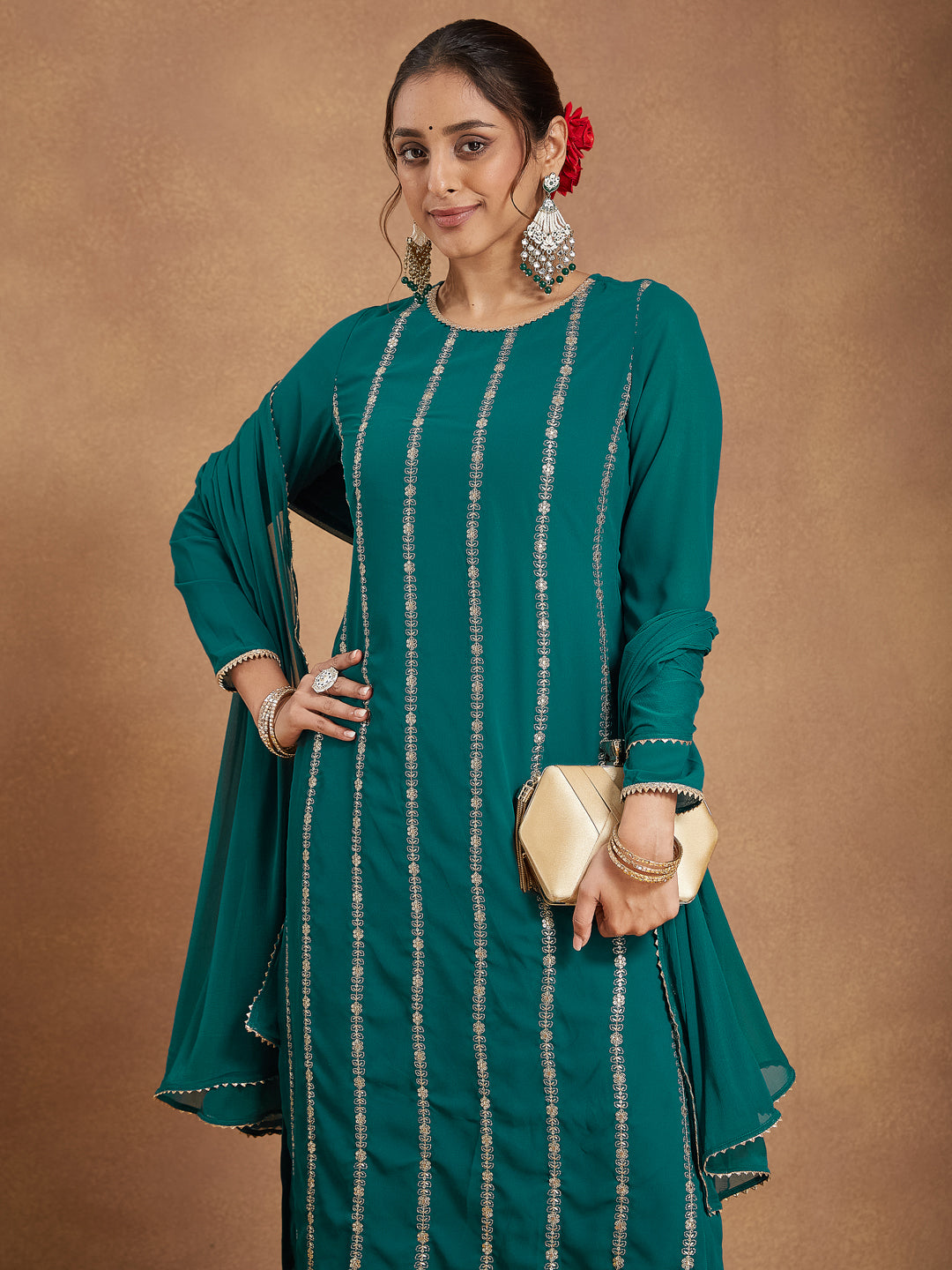 Ninnique Women's Sea Green Georgette Embellished Straight Kurta With Palazzo & Dupatta Set