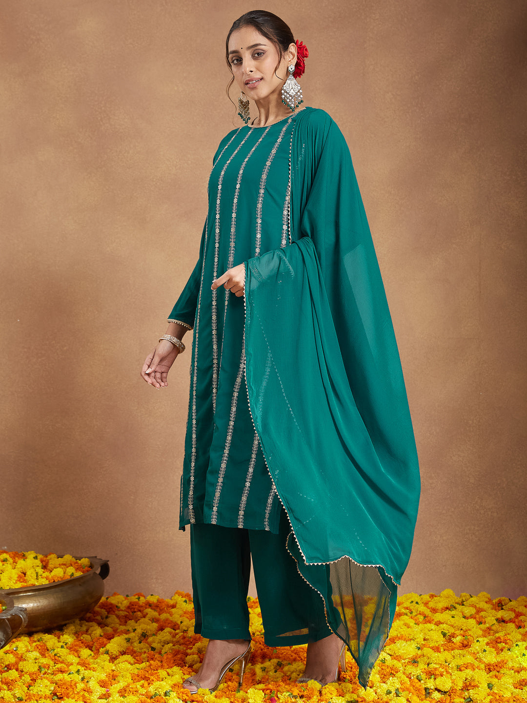 Ninnique Women's Sea Green Georgette Embellished Straight Kurta With Palazzo & Dupatta Set