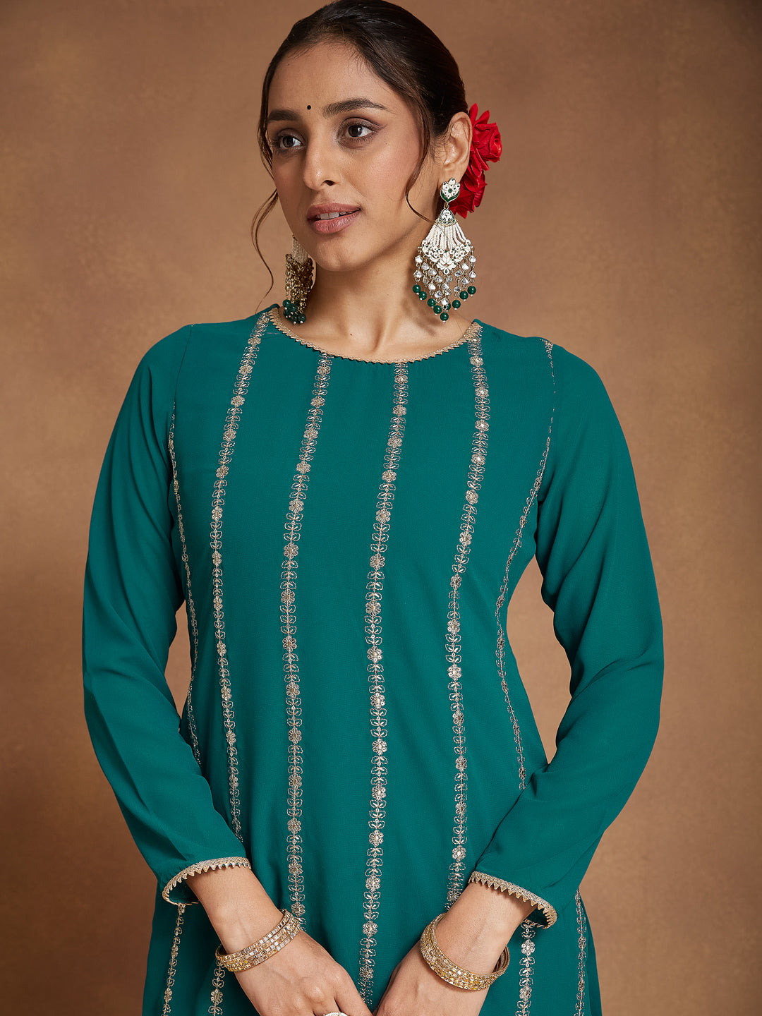 Ninnique Women's Sea Green Georgette Embellished Straight Kurta With Palazzo & Dupatta Set