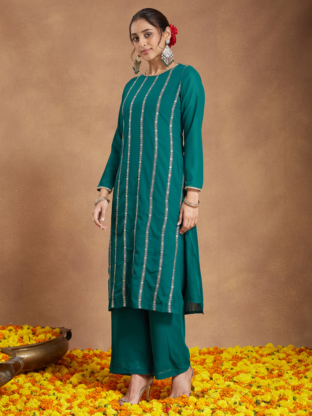 Ninnique Women's Sea Green Georgette Embellished Straight Kurta With Palazzo & Dupatta Set