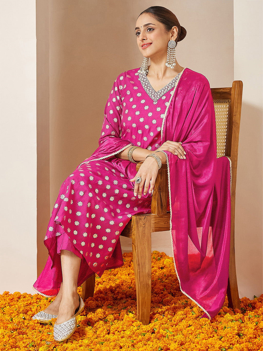 Ninnique Women's Pink Chanderi Silk Foil Printed Embroidered A-line Kurta Set