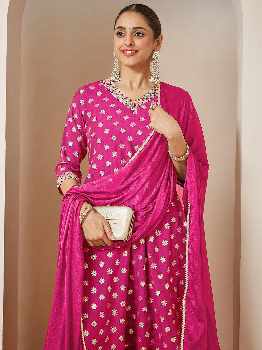 Ninnique Women's Pink Chanderi Silk Foil Printed Embroidered A-line Kurta Set
