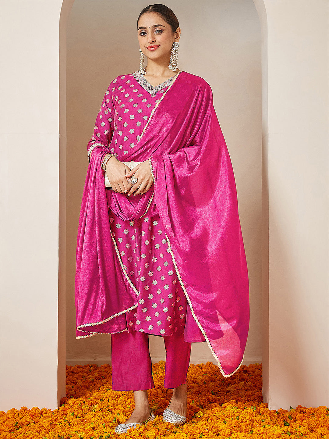 Ninnique Women's Pink Chanderi Silk Foil Printed Embroidered A-line Kurta Set