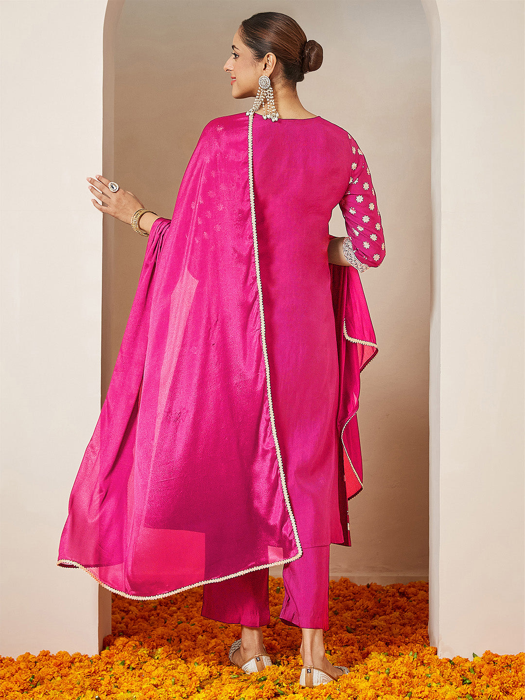Ninnique Women's Pink Chanderi Silk Foil Printed Embroidered A-line Kurta Set