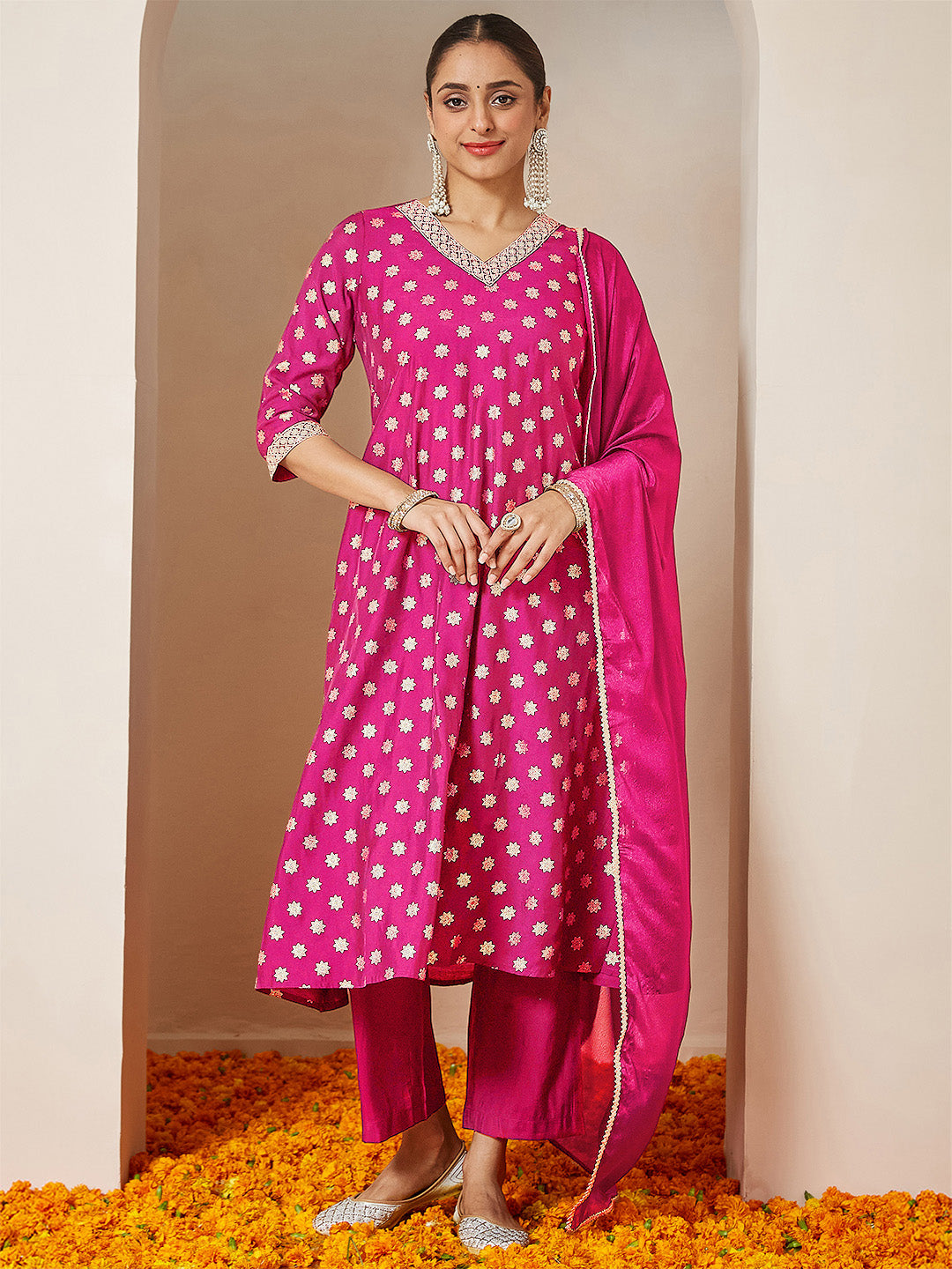 Ninnique Women's Pink Chanderi Silk Foil Printed Embroidered A-line Kurta Set