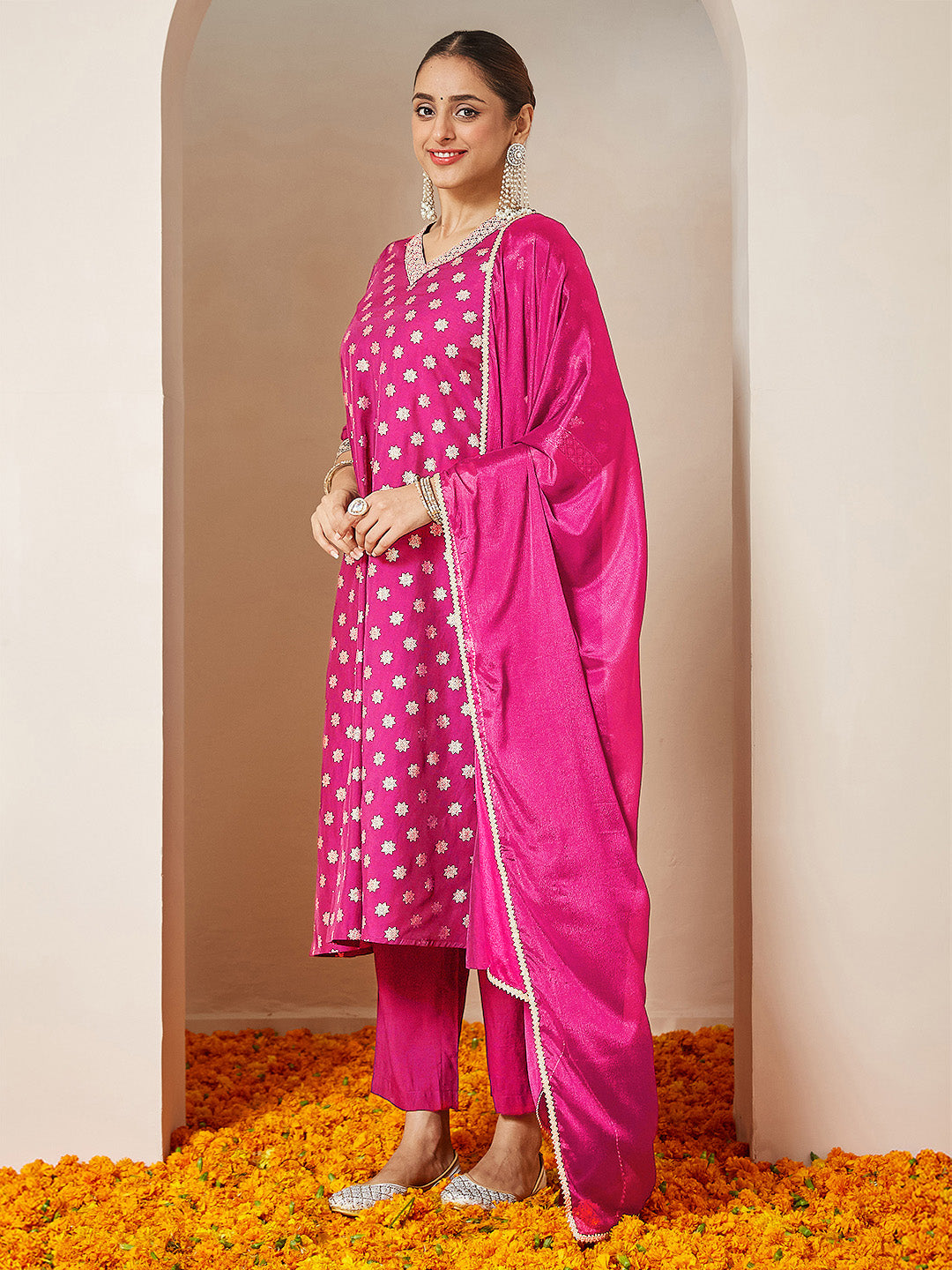 Ninnique Women's Pink Chanderi Silk Foil Printed Embroidered A-line Kurta Set