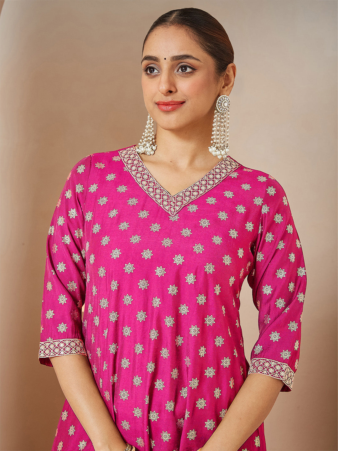 Ninnique Women's Pink Chanderi Silk Foil Printed Embroidered A-line Kurta Set