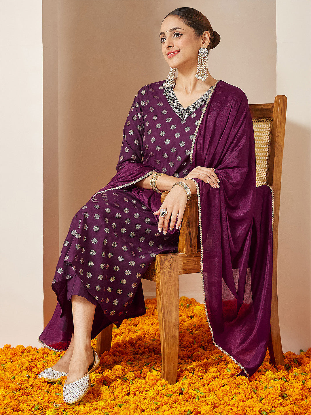 Ninnique Women's Wine Chanderi Silk Foil Printed Embroidered A-line Kurta Set