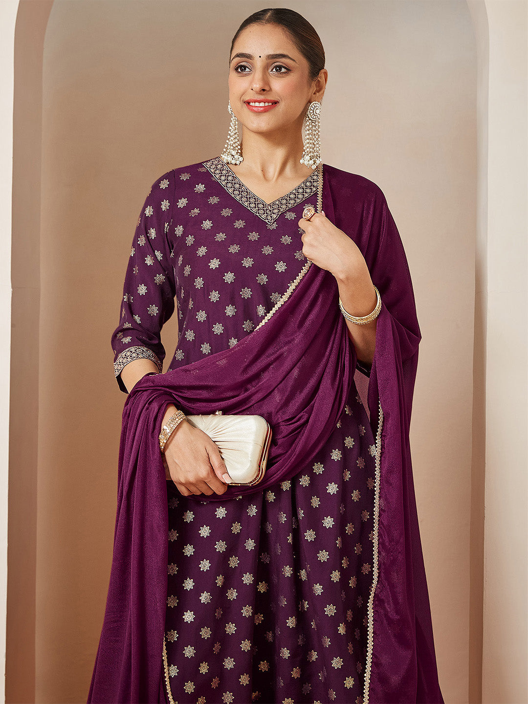 Ninnique Women's Wine Chanderi Silk Foil Printed Embroidered A-line Kurta Set