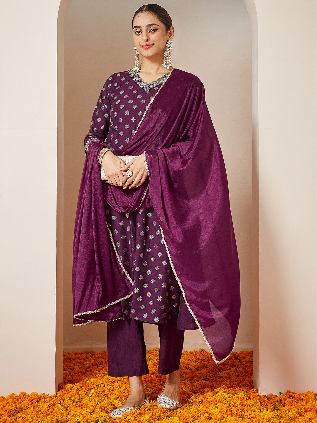Ninnique Women's Wine Chanderi Silk Foil Printed Embroidered A-line Kurta Set