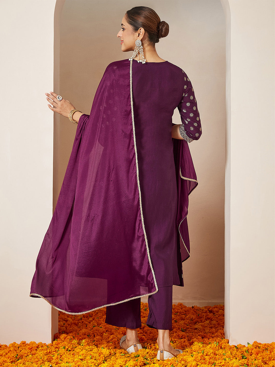 Ninnique Women's Wine Chanderi Silk Foil Printed Embroidered A-line Kurta Set