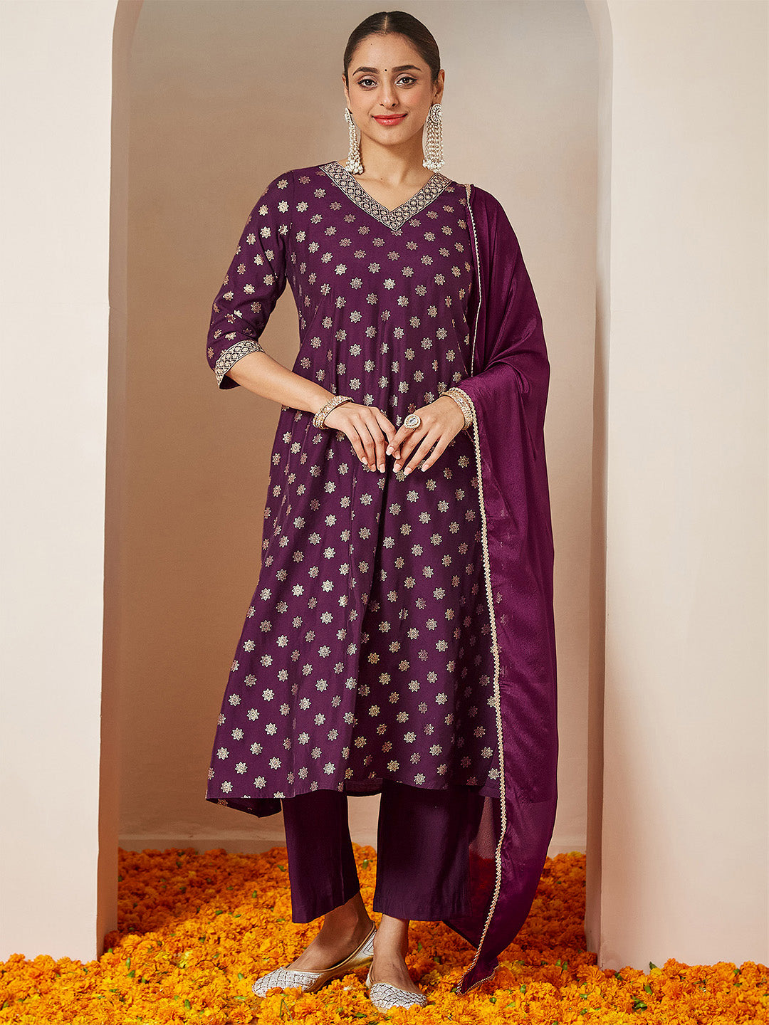 Ninnique Women's Wine Chanderi Silk Foil Printed Embroidered A-line Kurta Set