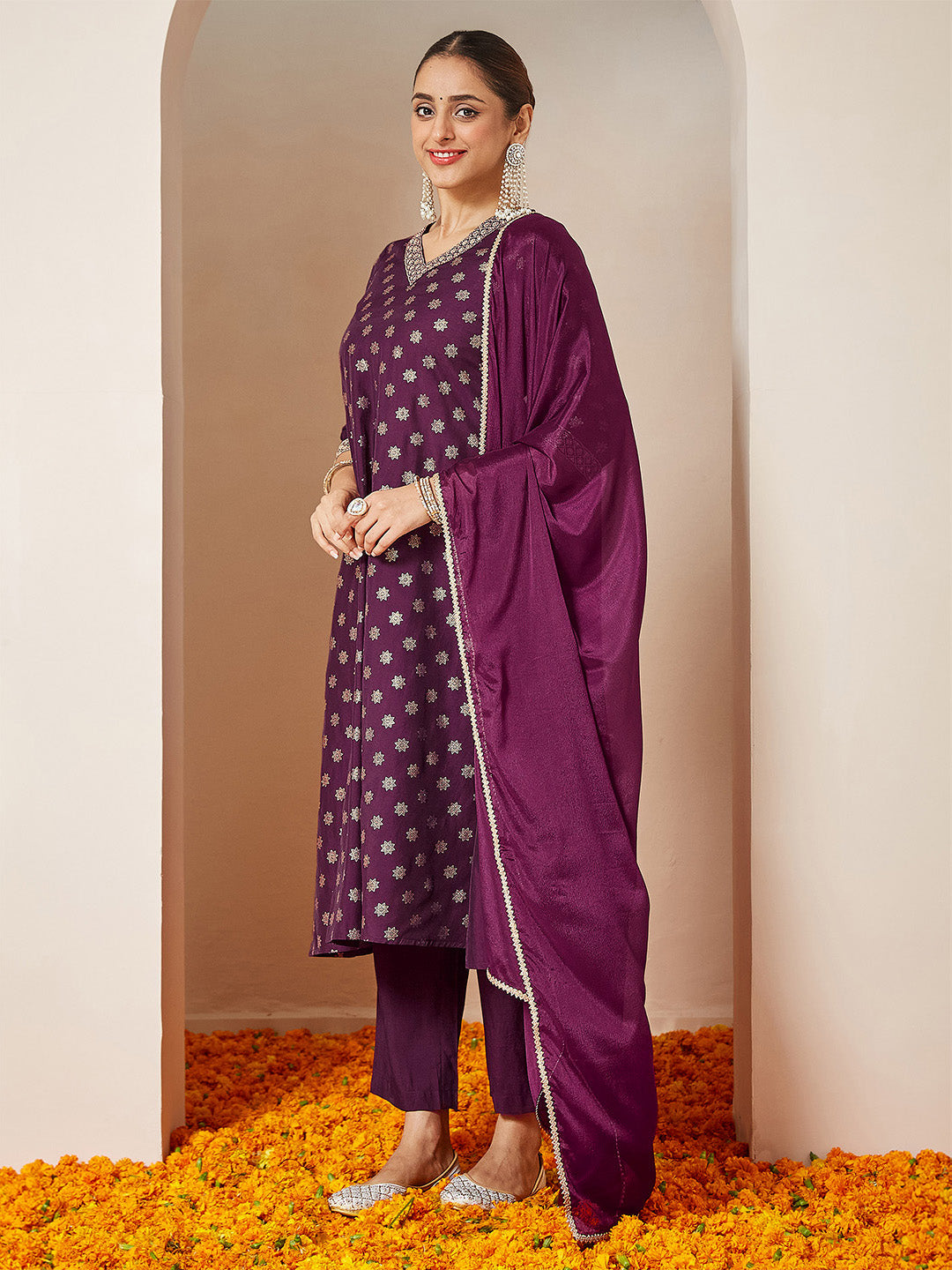 Ninnique Women's Wine Chanderi Silk Foil Printed Embroidered A-line Kurta Set