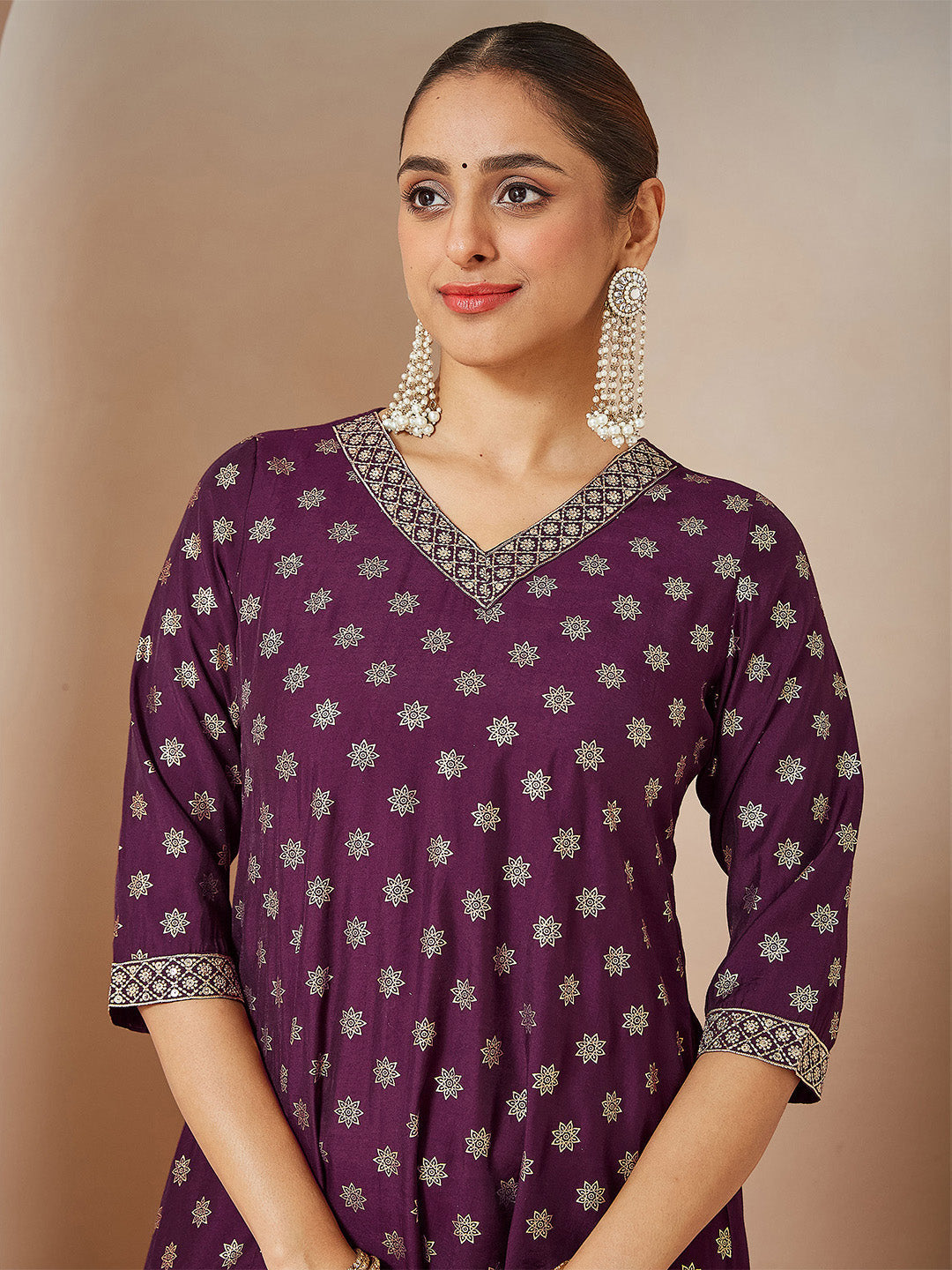 Ninnique Women's Wine Chanderi Silk Foil Printed Embroidered A-line Kurta Set