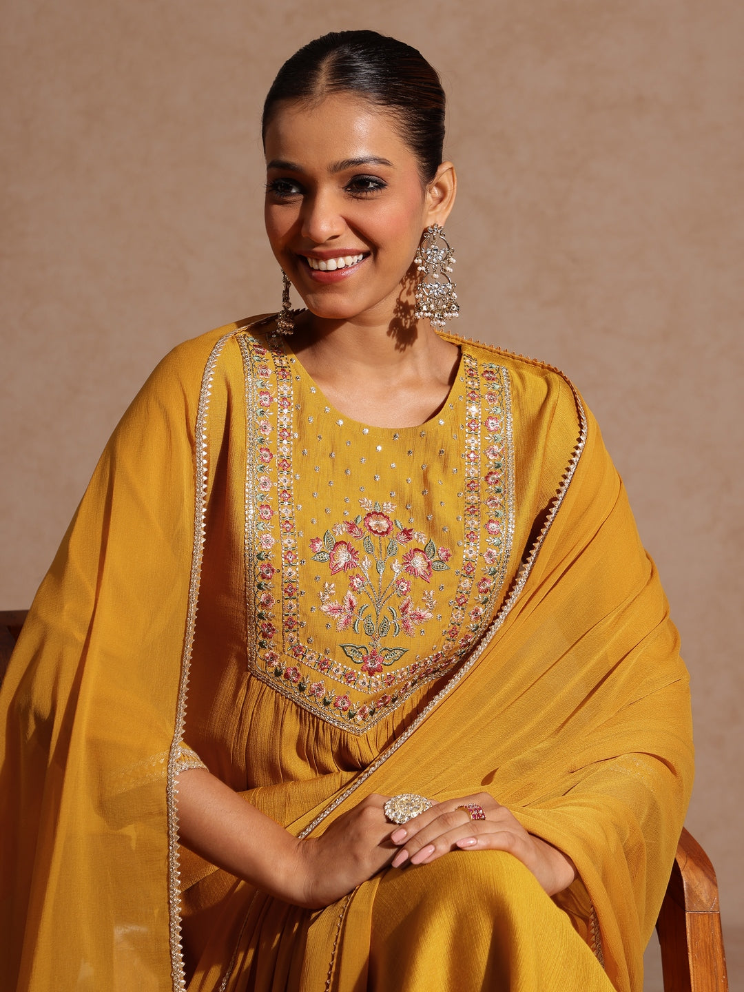 Ninnique Women's Mustard Silk Blend Embroidered Straight Kurta Set