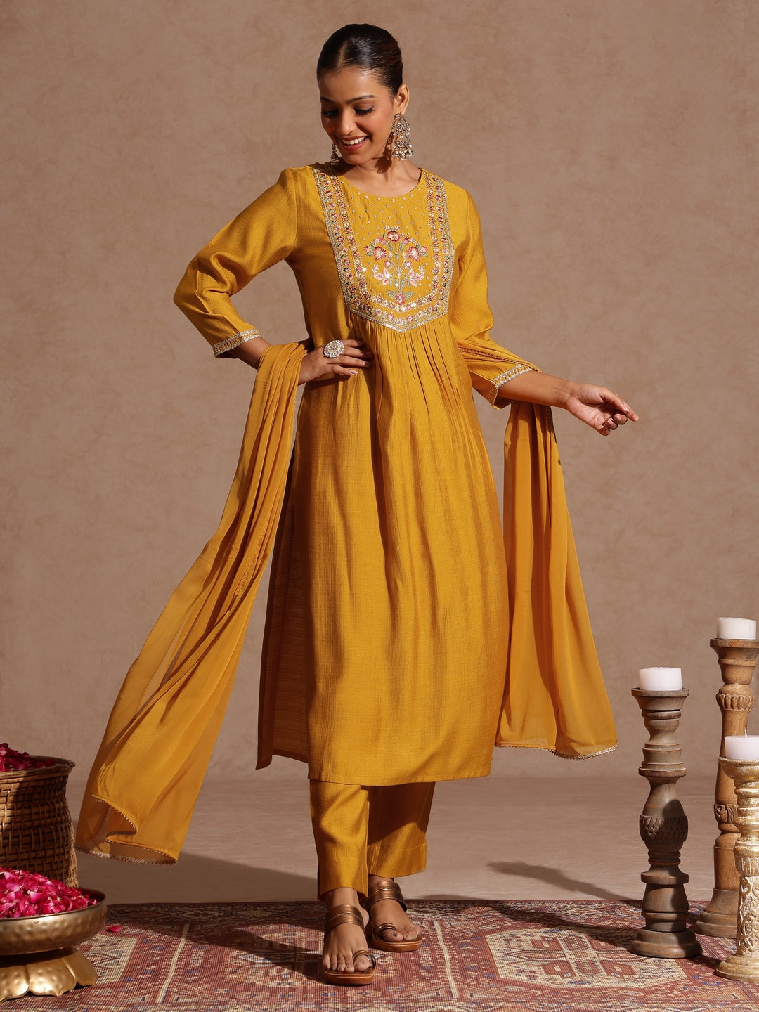 Ninnique Women's Mustard Silk Blend Embroidered Straight Kurta Set
