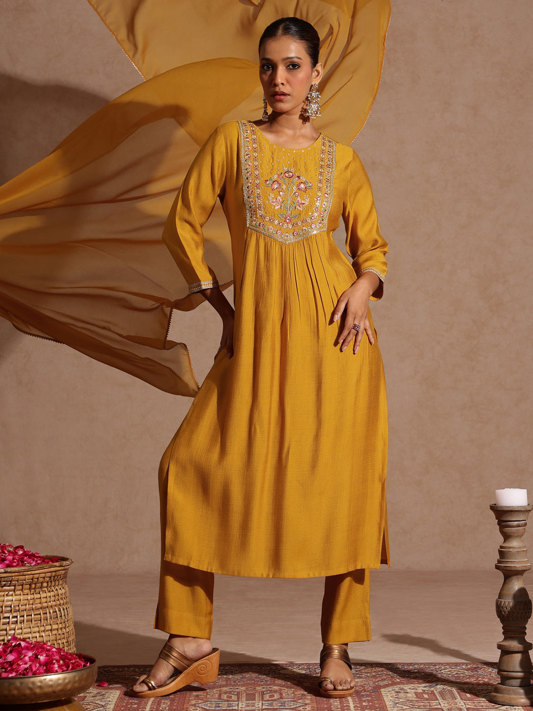 Ninnique Women's Mustard Silk Blend Embroidered Straight Kurta Set